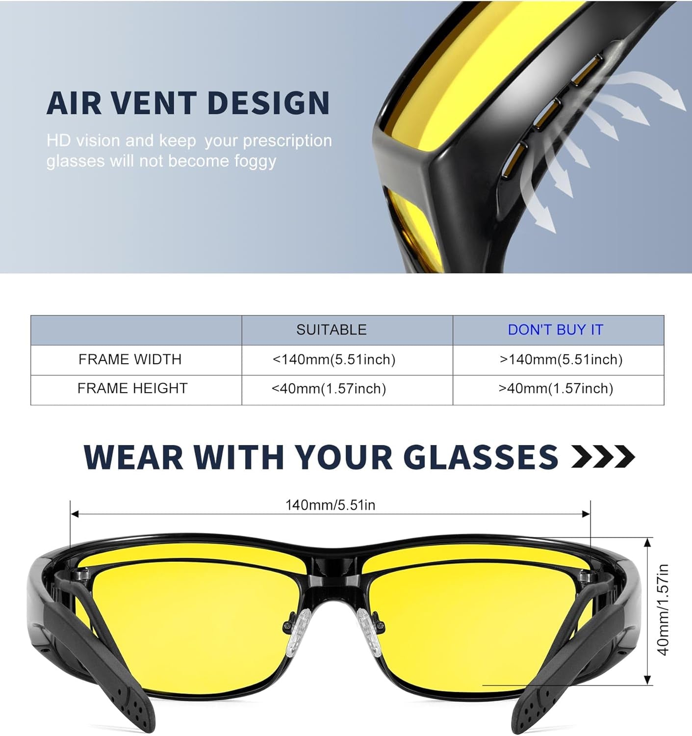 Night-Vision-Glasses Fit-Over-Glasses Wrap-Around Glasses: anti Glare Night Driving Glasses for Men Women HD Lens
