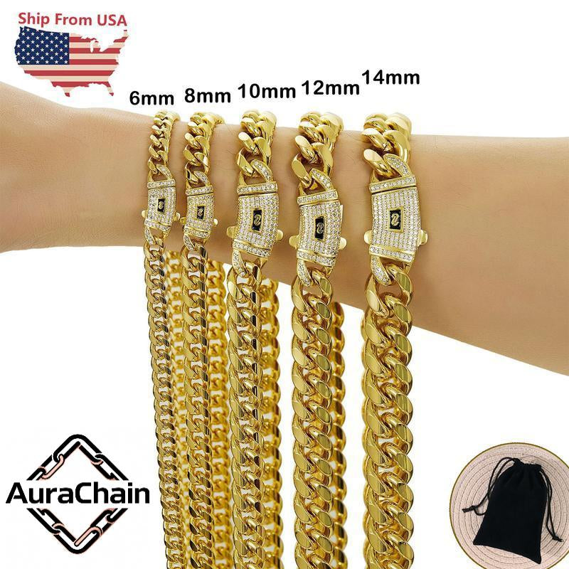 14K Gold Plated Miami Cuban Link Chain Necklace Golden Stainless Steel Iced Out Clasp Hip Hop Jewelry for Men/ Women 6/8/10/12/14Mm Thickened Neckalace Unisex Dainty Rust Prevention
