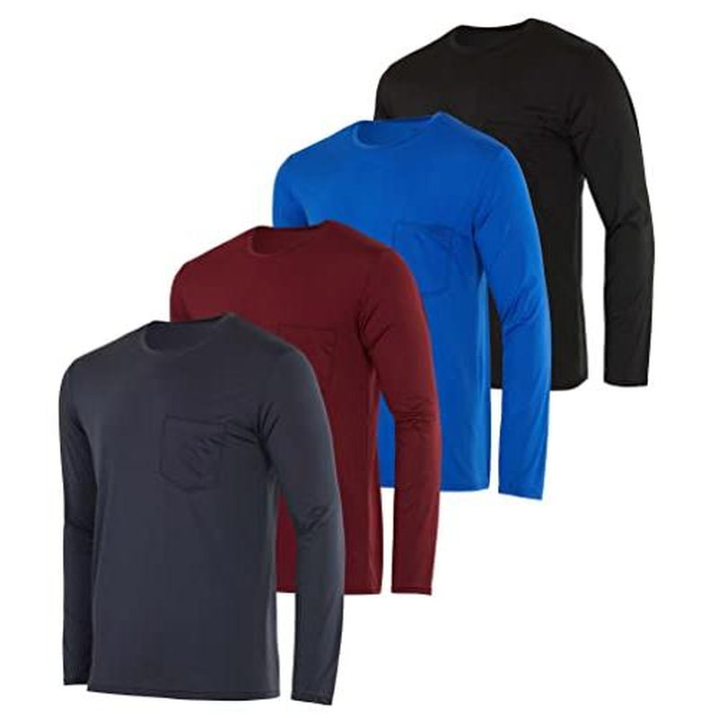 Real Essentials 4 Pack: Men'S Dry-Fit Active Athletic Long Sleeve Pocket Crew T-Shirt Outdoors UPF 50 S-5XLT
