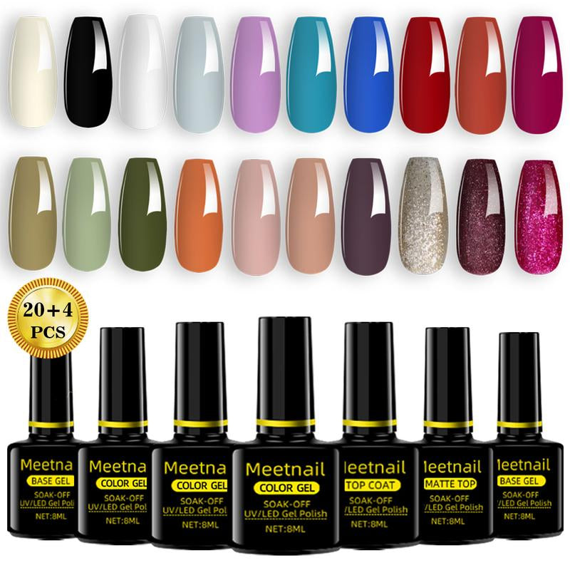 Meetnail 36 PCS Gel Nail Polish Set-30 Color Gel Polish with Glitter Matte Base Top Coat and Brush Burgundy Red Blue Purple Hot Pink Green Black White DIY Manicure at Home Cutics Cosmetic Gift