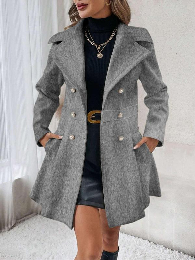 Women's Elegant Solid Color Double Button Lapel Coat with Pocket Design for Fall and Winter Outdoor Wear
