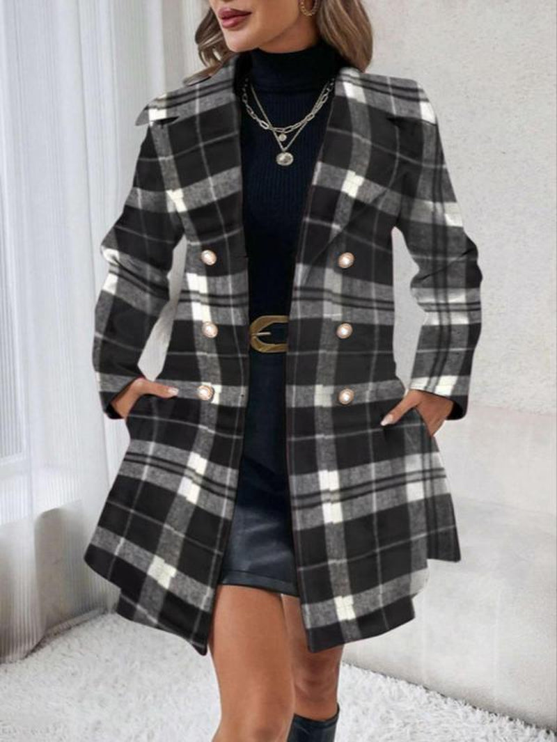 Women's Elegant Solid Color Double Button Lapel Coat with Pocket Design for Fall and Winter Outdoor Wear