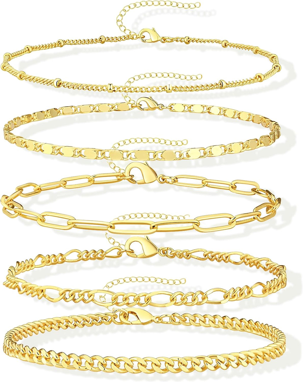 Gold Bracelets for Women Trendy,14K Gold Plated Dainty Stackable Paperclip Cuban Link Chain Bracelets, Simple Cute Cuff Bracelets Jewelry Set Adjustable 7"+2"