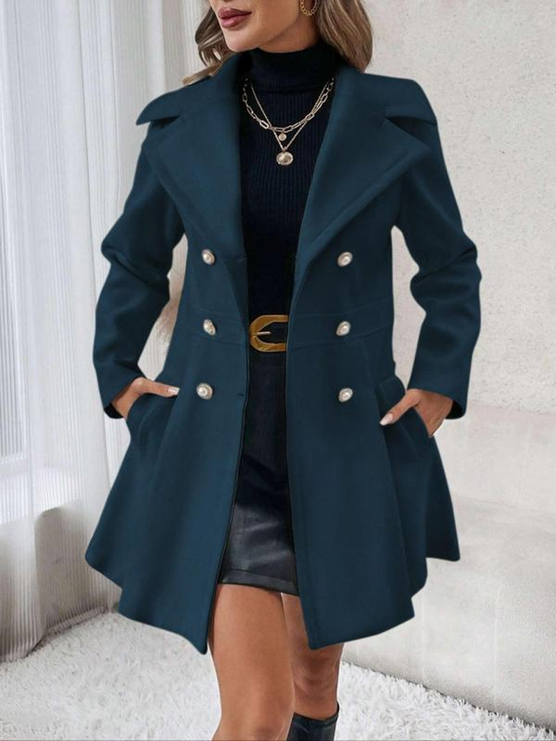 Women's Elegant Solid Color Double Button Lapel Coat with Pocket Design for Fall and Winter Outdoor Wear