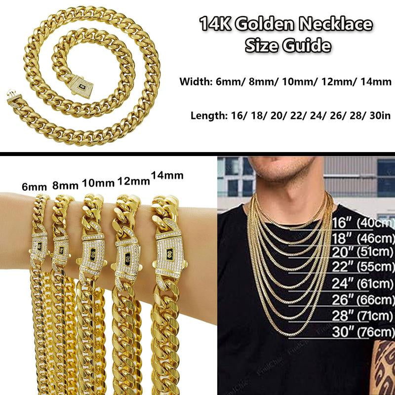 14K Gold Plated Miami Cuban Link Chain Necklace Golden Stainless Steel Iced Out Clasp Hip Hop Jewelry for Men/ Women 6/8/10/12/14Mm Thickened Neckalace Unisex Dainty Rust Prevention