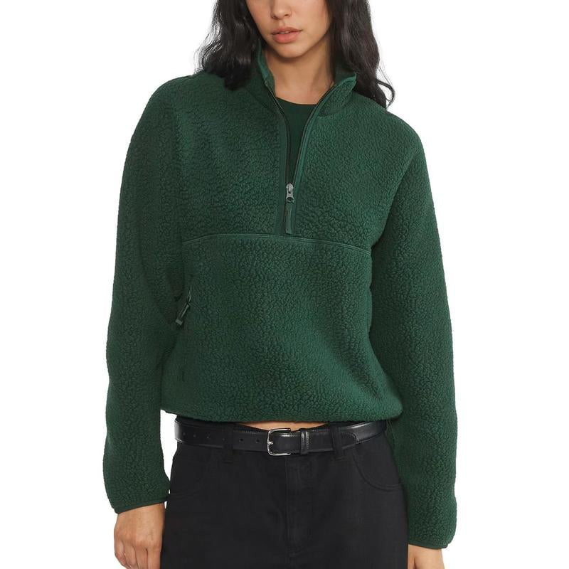 Hixiaohe Womens Fleece Sweatshirts Cropped Half Zip Fuzzy Warm Sherpa Pullover Varsity Jackets with Zipper Pockets
