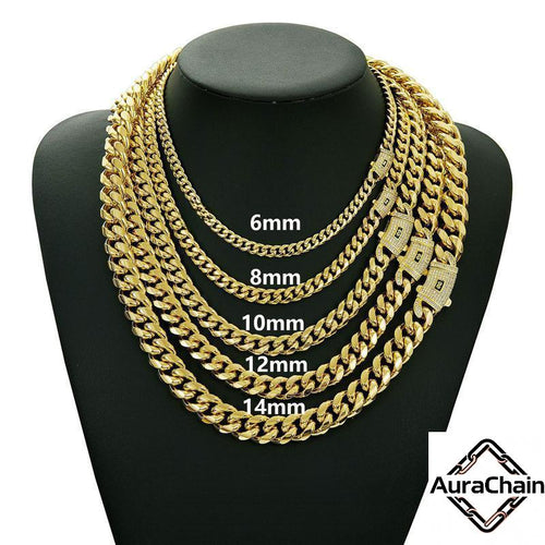 14K Gold Plated Miami Cuban Link Chain Necklace Golden Stainless Steel Iced Out Clasp Hip Hop Jewelry for Men/ Women 6/8/10/12/14Mm Thickened Neckalace Unisex Dainty Rust Prevention