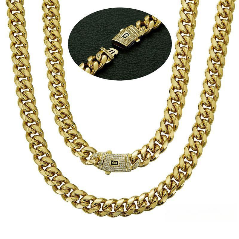 14K Gold Plated Miami Cuban Link Chain Necklace Golden Stainless Steel Iced Out Clasp Hip Hop Jewelry for Men/ Women 6/8/10/12/14Mm Thickened Neckalace Unisex Dainty Rust Prevention