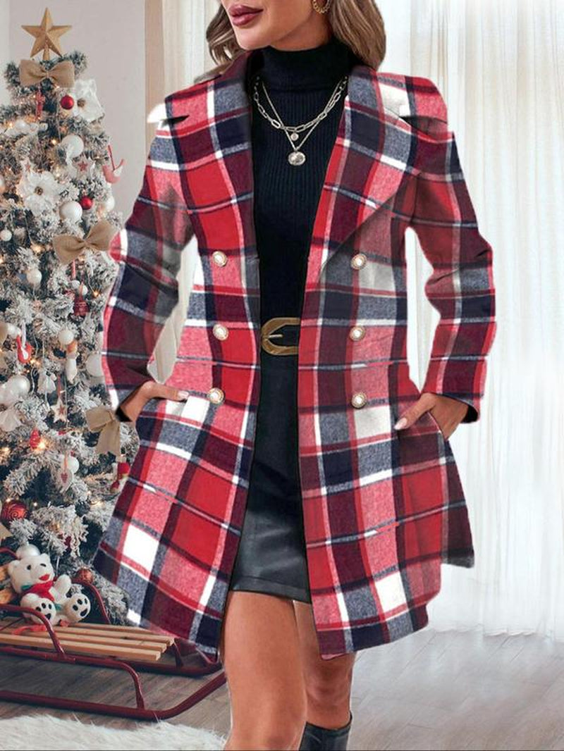 Women's Elegant Solid Color Double Button Lapel Coat with Pocket Design for Fall and Winter Outdoor Wear