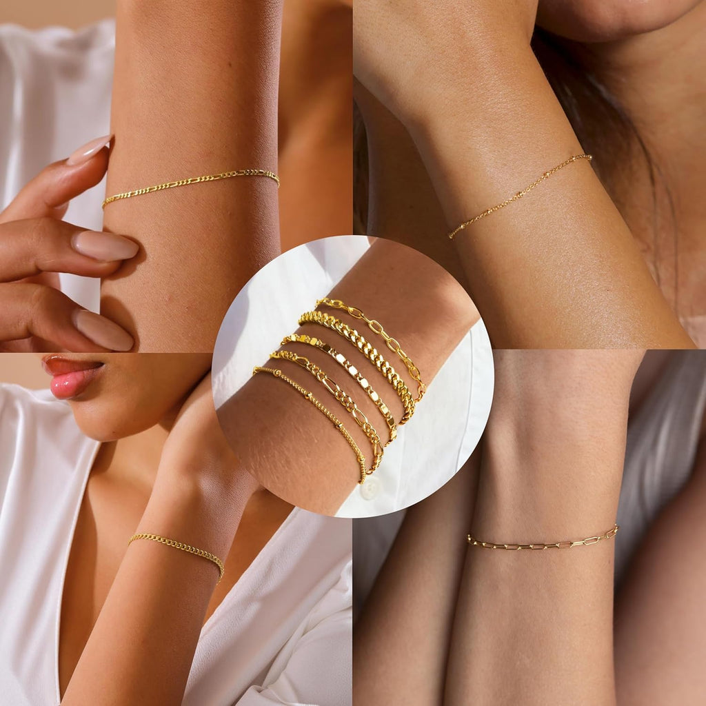 Gold Bracelets for Women Trendy,14K Gold Plated Dainty Stackable Paperclip Cuban Link Chain Bracelets, Simple Cute Cuff Bracelets Jewelry Set Adjustable 7"+2"