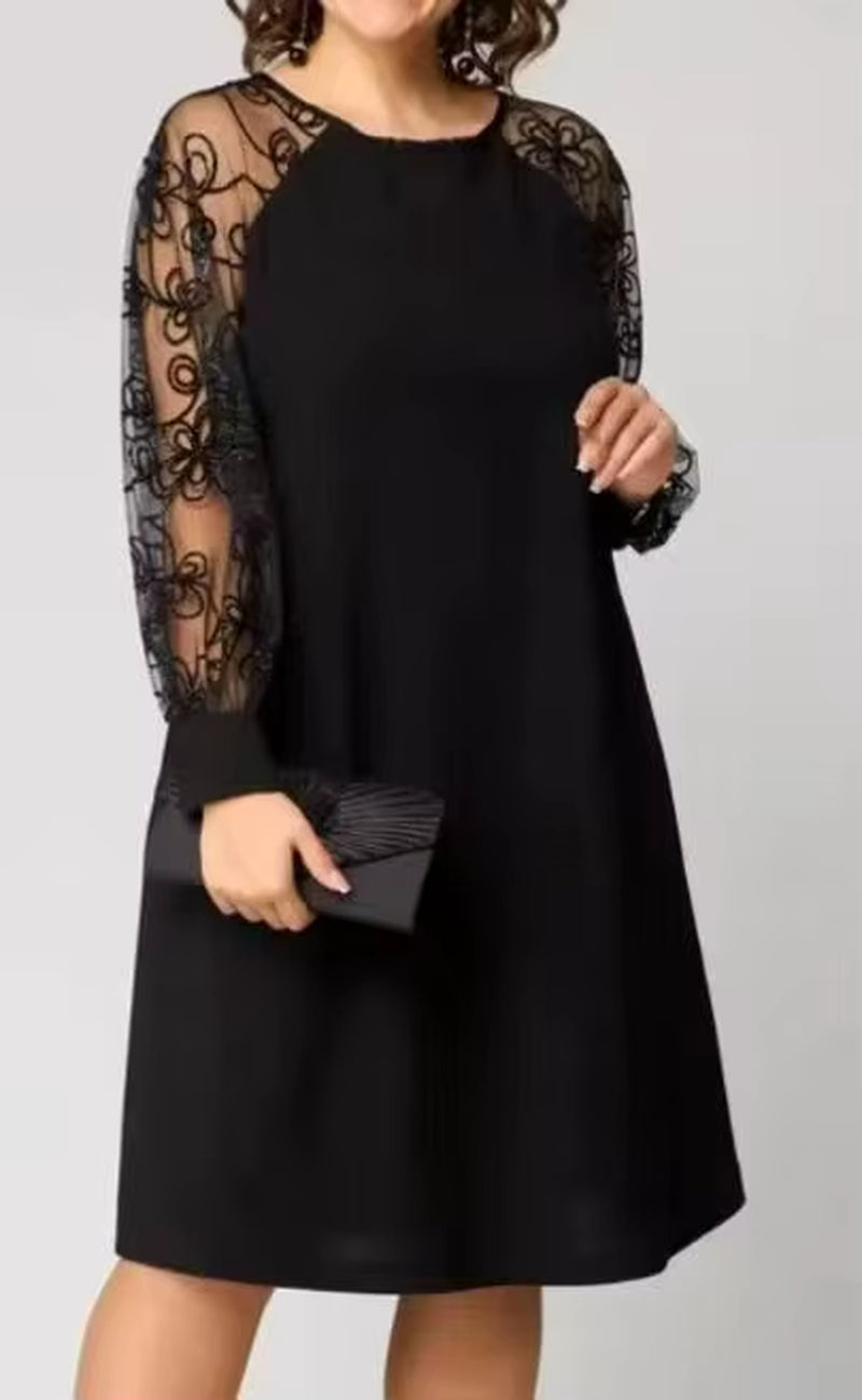 Fashionable Patchwork Lace Long-Sleeved round Neck Dress Solid Color Chic Simple Style Temperament Foreign Style Trendy Vestidos