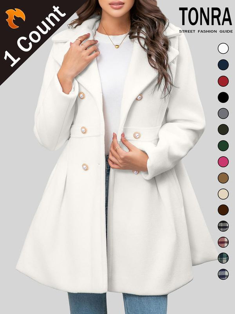 Women's Elegant Solid Color Double Button Lapel Coat with Pocket Design for Fall and Winter Outdoor Wear
