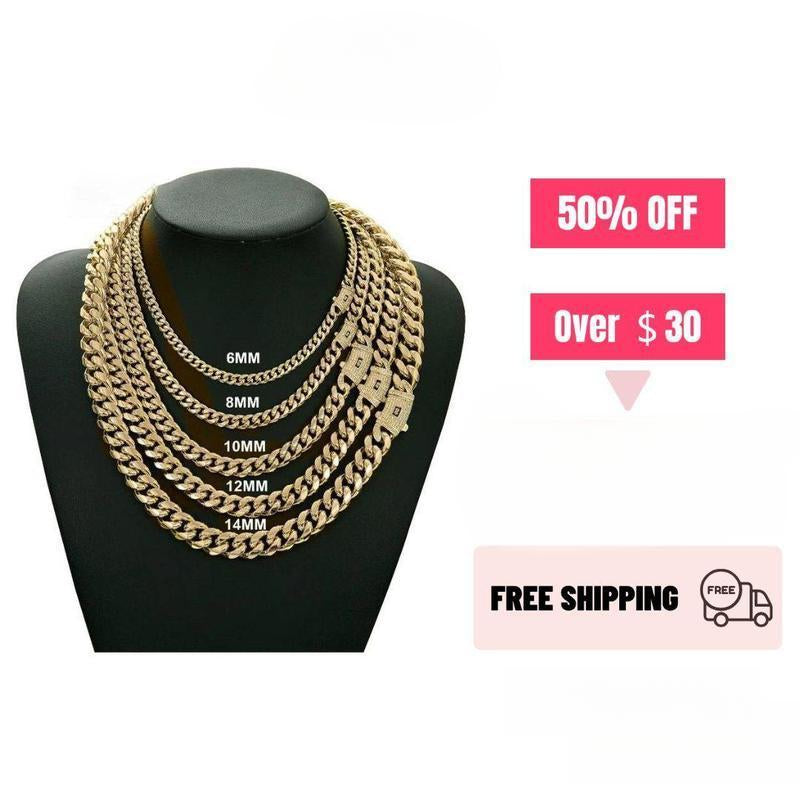 14K Gold Plated Miami Cuban Link Chain Necklace Golden Stainless Steel Iced Out Clasp Hip Hop Jewelry for Men/ Women 6/8/10/12/14Mm Thickened Neckalace Unisex Dainty Rust Prevention