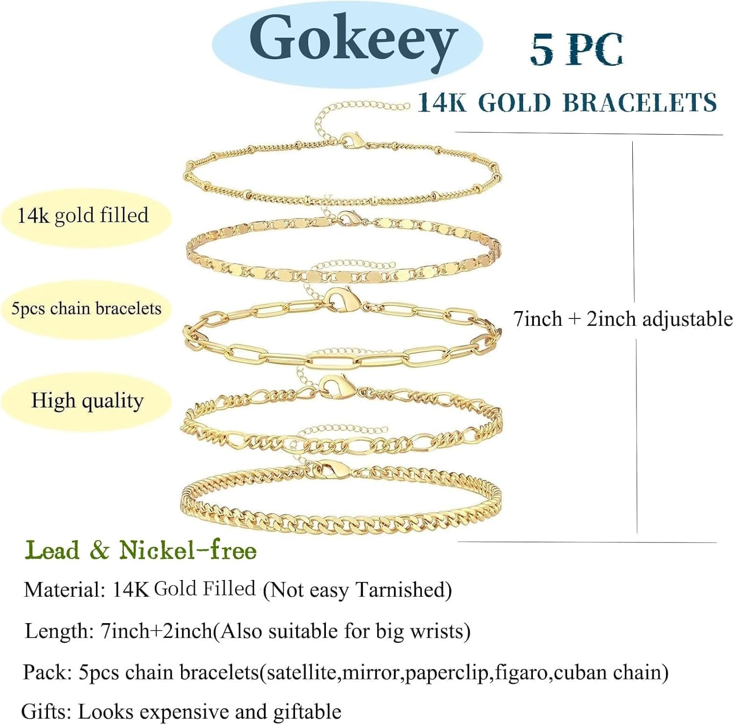Gold Bracelets for Women Trendy,14K Gold Plated Dainty Stackable Paperclip Cuban Link Chain Bracelets, Simple Cute Cuff Bracelets Jewelry Set Adjustable 7"+2"