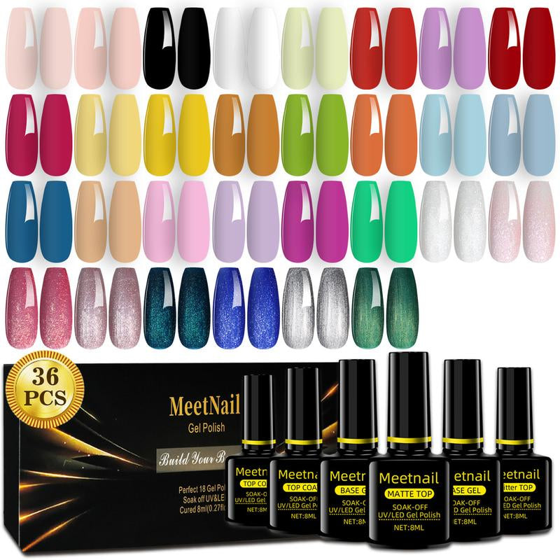 Meetnail 36 PCS Gel Nail Polish Set-30 Color Gel Polish with Glitter Matte Base Top Coat and Brush Burgundy Red Blue Purple Hot Pink Green Black White DIY Manicure at Home Cutics Cosmetic Gift