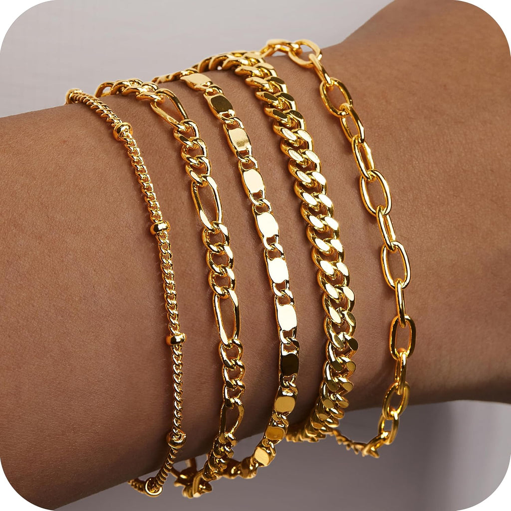 Gold Bracelets for Women Trendy,14K Gold Plated Dainty Stackable Paperclip Cuban Link Chain Bracelets, Simple Cute Cuff Bracelets Jewelry Set Adjustable 7"+2"