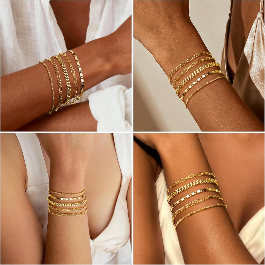 Gold Bracelets for Women Trendy,14K Gold Plated Dainty Stackable Paperclip Cuban Link Chain Bracelets, Simple Cute Cuff Bracelets Jewelry Set Adjustable 7"+2"