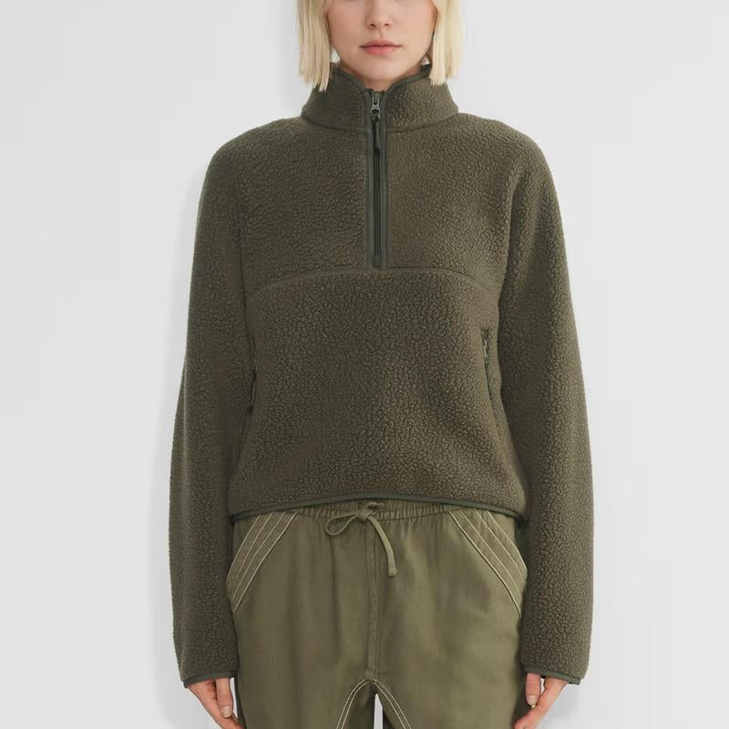 Hixiaohe Womens Fleece Sweatshirts Cropped Half Zip Fuzzy Warm Sherpa Pullover Varsity Jackets with Zipper Pockets