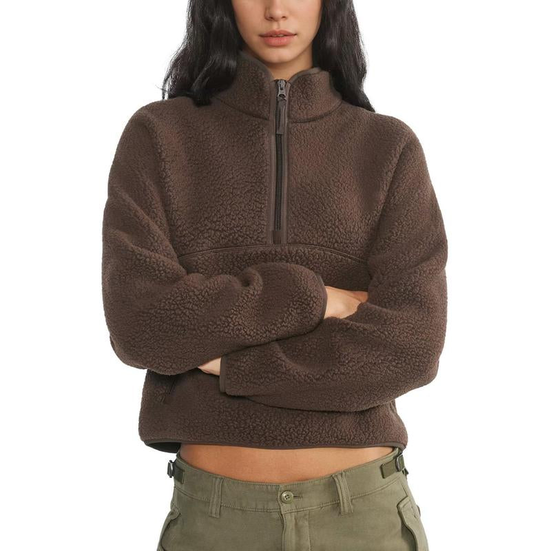 Hixiaohe Womens Fleece Sweatshirts Cropped Half Zip Fuzzy Warm Sherpa Pullover Varsity Jackets with Zipper Pockets