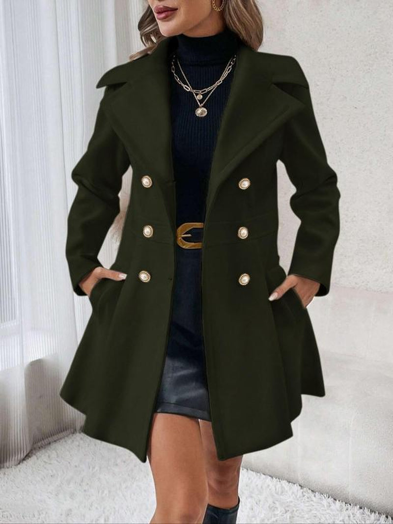 Women's Elegant Solid Color Double Button Lapel Coat with Pocket Design for Fall and Winter Outdoor Wear