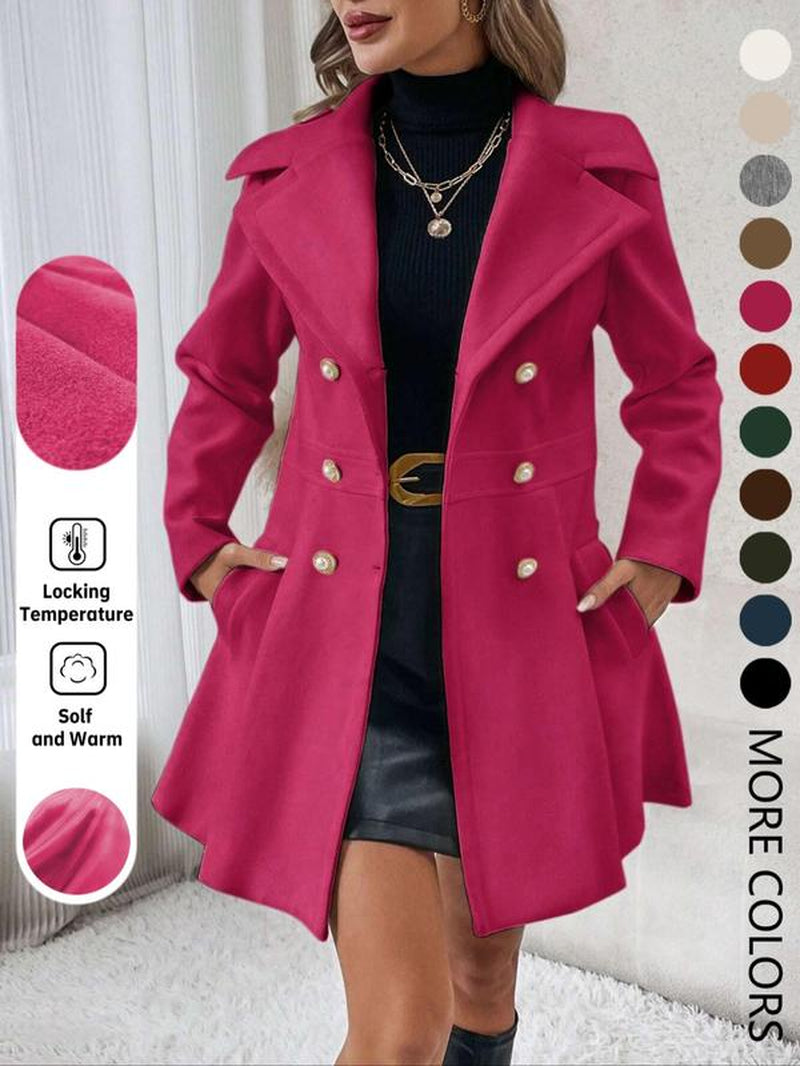 Women's Elegant Solid Color Double Button Lapel Coat with Pocket Design for Fall and Winter Outdoor Wear