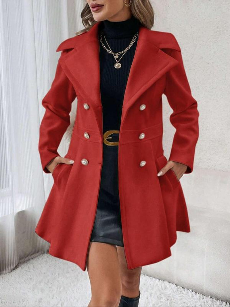 Women's Elegant Solid Color Double Button Lapel Coat with Pocket Design for Fall and Winter Outdoor Wear