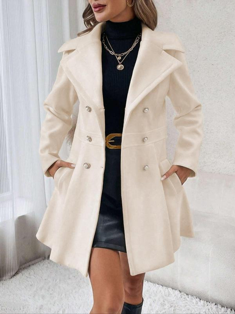Women's Elegant Solid Color Double Button Lapel Coat with Pocket Design for Fall and Winter Outdoor Wear
