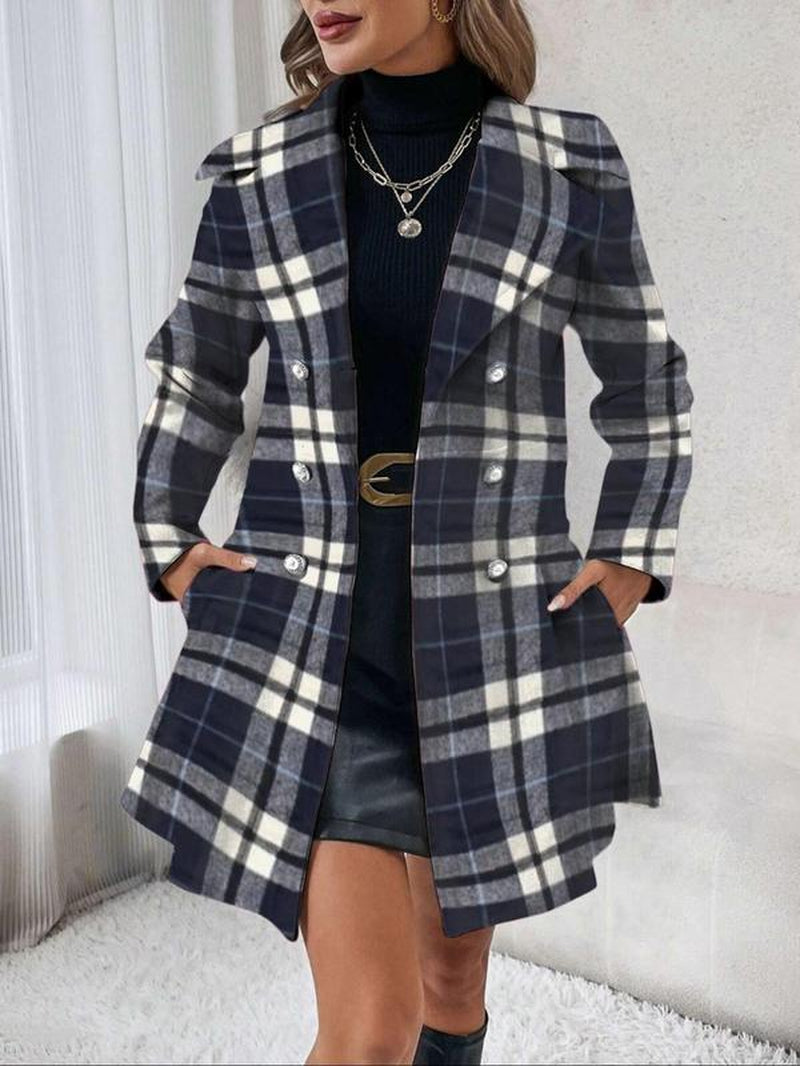 Women's Elegant Solid Color Double Button Lapel Coat with Pocket Design for Fall and Winter Outdoor Wear