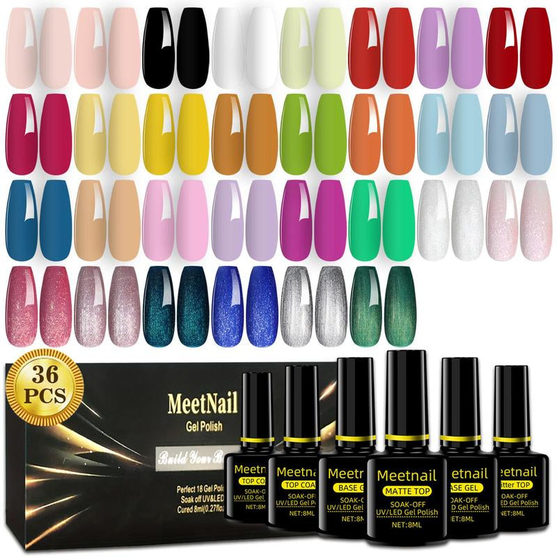Meetnail 36 PCS Gel Nail Polish Set-30 Color Gel Polish with Glitter Matte Base Top Coat and Brush Burgundy Red Blue Purple Hot Pink Green Black White DIY Manicure at Home Cutics Cosmetic Gift