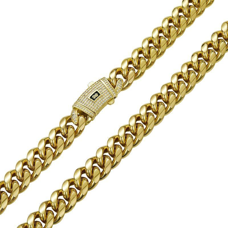 14K Gold Plated Miami Cuban Link Chain Necklace Golden Stainless Steel Iced Out Clasp Hip Hop Jewelry for Men/ Women 6/8/10/12/14Mm Thickened Neckalace Unisex Dainty Rust Prevention