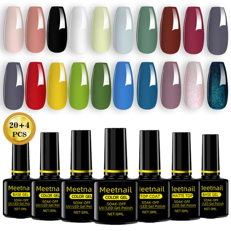 Meetnail 36 PCS Gel Nail Polish Set-30 Color Gel Polish with Glitter Matte Base Top Coat and Brush Burgundy Red Blue Purple Hot Pink Green Black White DIY Manicure at Home Cutics Cosmetic Gift