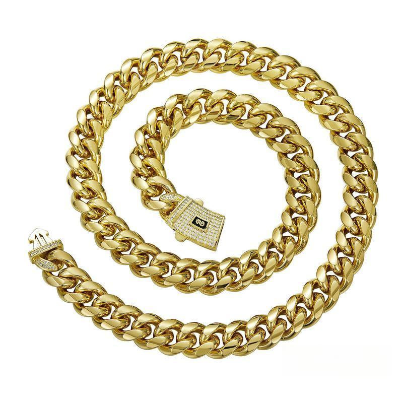 14K Gold Plated Miami Cuban Link Chain Necklace Golden Stainless Steel Iced Out Clasp Hip Hop Jewelry for Men/ Women 6/8/10/12/14Mm Thickened Neckalace Unisex Dainty Rust Prevention