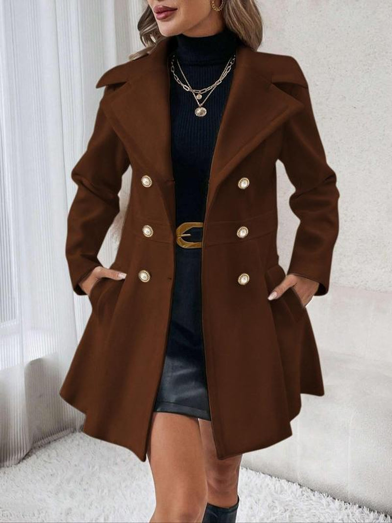 Women's Elegant Solid Color Double Button Lapel Coat with Pocket Design for Fall and Winter Outdoor Wear