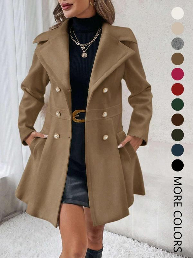 Women's Elegant Solid Color Double Button Lapel Coat with Pocket Design for Fall and Winter Outdoor Wear